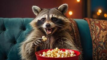 ai généré mignonne raton laveur avec pop corn à Accueil photo