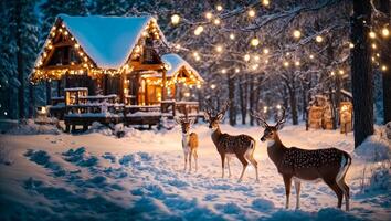 ai généré mignonne cerf hiver maison photo