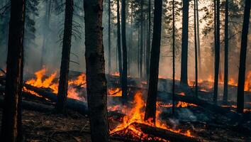 ai généré forêt feu, des arbres dans fumée, flamme photo