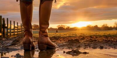 ai généré la personne portant bottes permanent par une flaque à le coucher du soleil photo