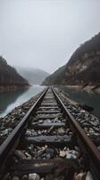 ai généré serein chemin de fer des pistes de premier plan par une brumeux paysage photo