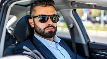 ai généré homme d'affaire faire la navette dans voiture, ville mode de vie concept photo