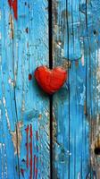ai généré rouge cœur sur une patiné bleu en bois Contexte photo