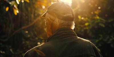 ai généré personnes âgées homme reflétant dans la nature avec d'or le coucher du soleil photo