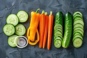 ai généré Frais des légumes arrangé soigneusement sur une ardoise surface photo