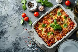 ai généré aubergine casserole avec fromage et tomate sauce dans une blanc cuisson plat sur une gris Contexte avec Ingrédients pour cuisson. végétarien en bonne santé nourriture photo