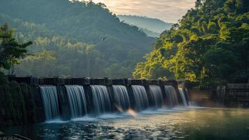 ai généré une barrage avec une hydro-électrique Puissance plante à le boisé campagne. renouvelable énergie concept photo