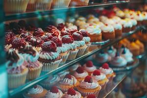 ai généré assorti Gâteaux dans une magasin fenêtre pour vente photo