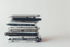 ai généré une pile de différent les smartphones isolé sur une blanc Contexte. photo