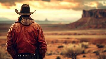 ai généré seul américain cow-boy regarder à le désert horizon photo