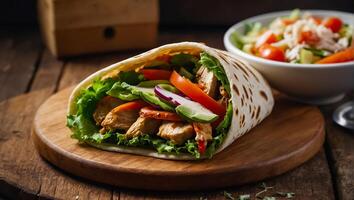 ai généré délicieux shawarma avec poulet et des légumes dans le cuisine photo