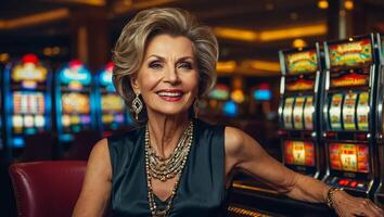 ai généré magnifique personnes âgées femme en jouant casino fente machine photo