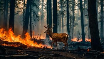 ai généré cerf forêt feu, des arbres dans fumée, flammes photo