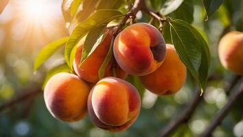 ai généré mûr les pêches sur une branche dans le jardin photo