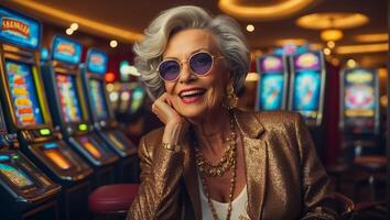 ai généré magnifique personnes âgées femme en jouant casino fente machine photo