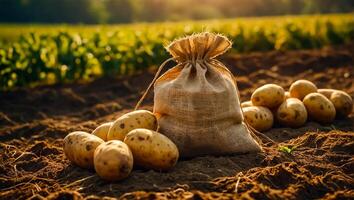 ai généré récolte Patate sac sur le sol photo