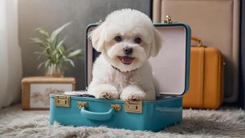 ai généré mignonne chien avec une valise dans le appartement photo