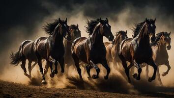 ai généré magnifique troupeau de foncé les chevaux dans le Contexte photo