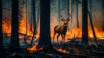 ai généré cerf forêt feu, des arbres dans fumée, flammes photo