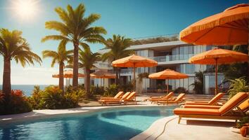 ai généré Soleil fainéant avec parapluie par le piscine, Hôtel photo