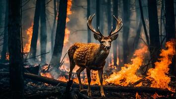 ai généré cerf forêt feu, des arbres dans fumée, flammes photo