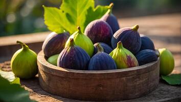 ai généré Frais mûr figues dans une en bois boîte dans la nature photo