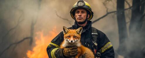 ai généré homme sapeur pompier détient une sauvé Renard dans sa bras faune photo