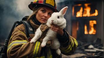 ai généré portrait de une femelle sapeur pompier en portant une sauvé lapin dans sa bras photo