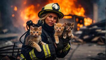 ai généré portrait de une femelle sapeur pompier en portant une sauvé chaton dans sa bras photo