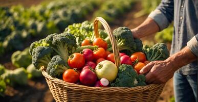 ai généré Les agriculteurs mains en portant une panier avec Frais assorti des légumes récolte, champ photo