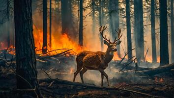 ai généré cerf forêt feu, des arbres dans fumée, flammes photo