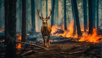 ai généré cerf forêt feu, des arbres dans fumée, flammes photo