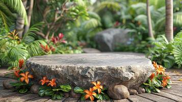 ai généré une pierre table entouré par fleurs et les plantes photo