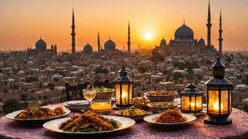 ai généré le coucher du soleil le banquet pendant Ramadan à une mosquée, symbolisant le rupture de le jeûne. photo