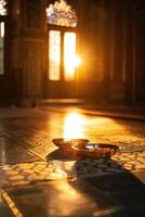 ai généré le coucher du soleil le banquet pendant Ramadan à une mosquée, symbolisant le rupture de le jeûne. photo