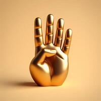ai généré 3d or trophée main sculpture montrant le nombre quatre avec doigt, main geste contre une doux beige Contexte. photo