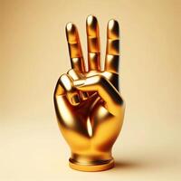 ai généré 3d or trophée main sculpture montrant le nombre Trois avec des doigts, nombre Trois signe geste contre une doux beige Contexte. photo