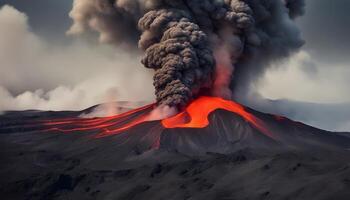 ai généré volcan éclater avec lave et fumée photo