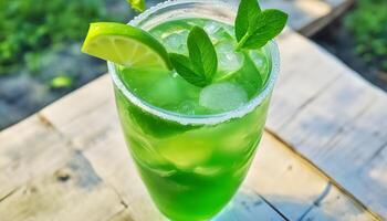 ai généré une vert boisson avec citron vert et menthe feuilles photo