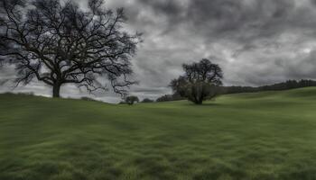 ai généré une champ avec des arbres et une ciel avec des nuages photo