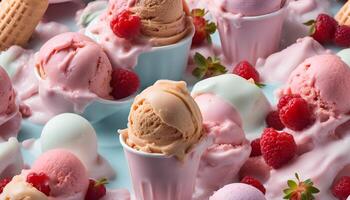 ai généré une bol de la glace crème avec des fraises et framboises photo