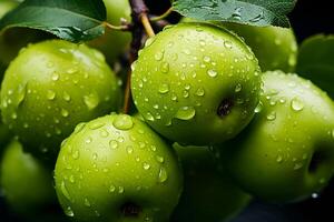 ai généré Frais et humide vert pommes sur le arbre.fermer en haut vue dans lumière du soleil photo