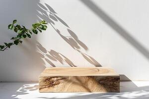 ai généré vide minimal Naturel en bois table compteur podium avec magnifique bois grain dans lumière du soleil et ombre sur blanc mur pour luxe cosmétique soin de la peau beauté traitement décoration Contexte photo