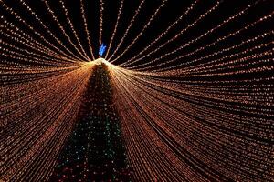 magnifique Noël arbre avec Jaune lumières à nuit dans le ville. la magie hiver nuit photo