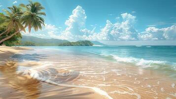 ai généré une minimaliste composition de une ensoleillé tropical plage, avec d'or sable, clair l'eau photo