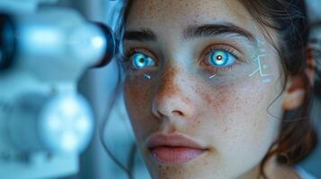 ai généré femme avec bleu yeux à la recherche à caméra photo