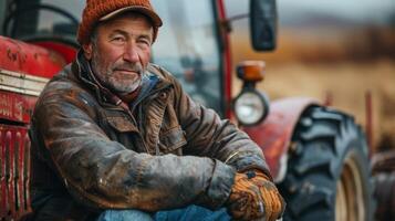 ai généré homme séance sur tracteur dans de face de tracteur photo