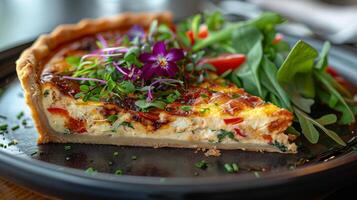 ai généré assiette avec Quiche et fleurs photo