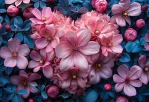 ai généré une rose fleur cœur arrangé dans rose fleur motifs photo