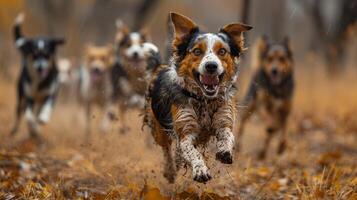 ai généré groupe de chiens fonctionnement par champ photo